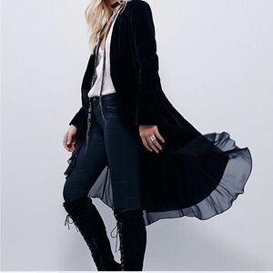 Free People Velvet Ruffle Duster Jacket Size XS Black